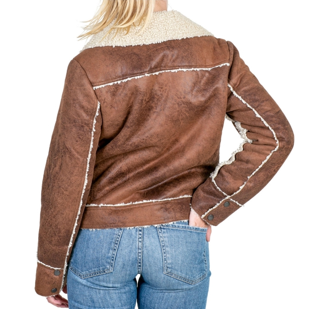 🏷️Marrakech Marissa Sherpa Lined Moto Jacket Women's Distressed Brown Large - Picture 5 of 5